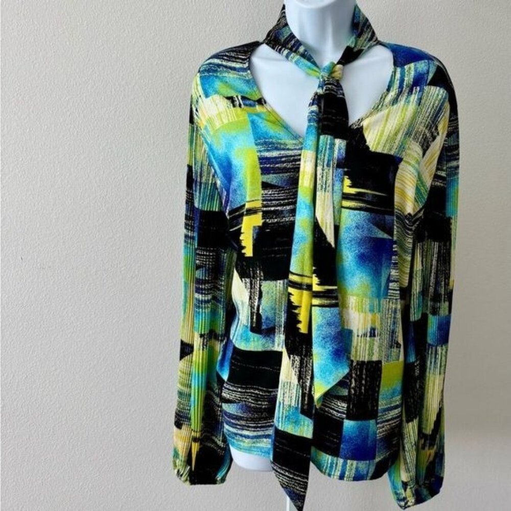 New York & Company Top XXL Abstract Puff Sleeve Tie Preppy Coquette Cottagecore
